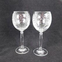 Set of 2 Pier 1 Eliza Crystal Wine Goblet Etched Leaves 7 3/4 inches tall - £37.82 GBP