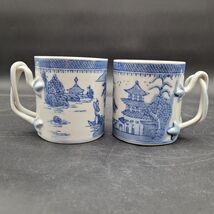 Two Canton Blue China Twisted Handle Coffee Mugs Cups w/Pagoda's Unmarked - $24.73