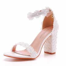 Wedding Shoes Bride Elegant White Lace Flower Pearl Design 9CM High Heels Female - £56.40 GBP