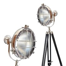 Nautical Chrome &amp; Black Tripod Floor Lamp Handmade Searchlight Christmas Gift - £293.35 GBP