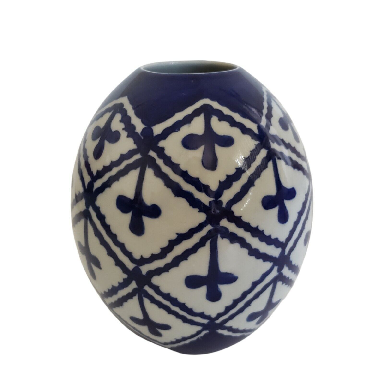 Blue and White Vase Ceramic Ballard Designs Decor 6 Inch Bud Oval Tribal - $28.66
