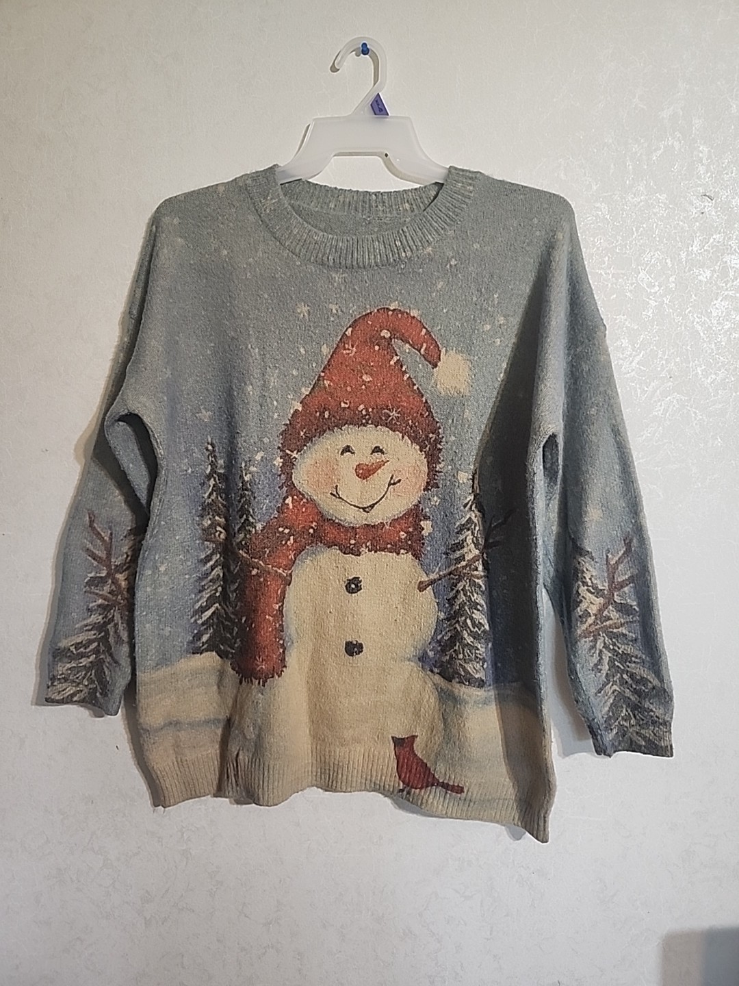 Christmas Sweater Snowman Winter Blue Cotton Wool SEE MEASUREMENTS 50&quot; C... - $35.62