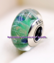 TOP 925 Sterling Silver Handmade Glass Shiny Green and Gold Murano Glass... - £4.39 GBP