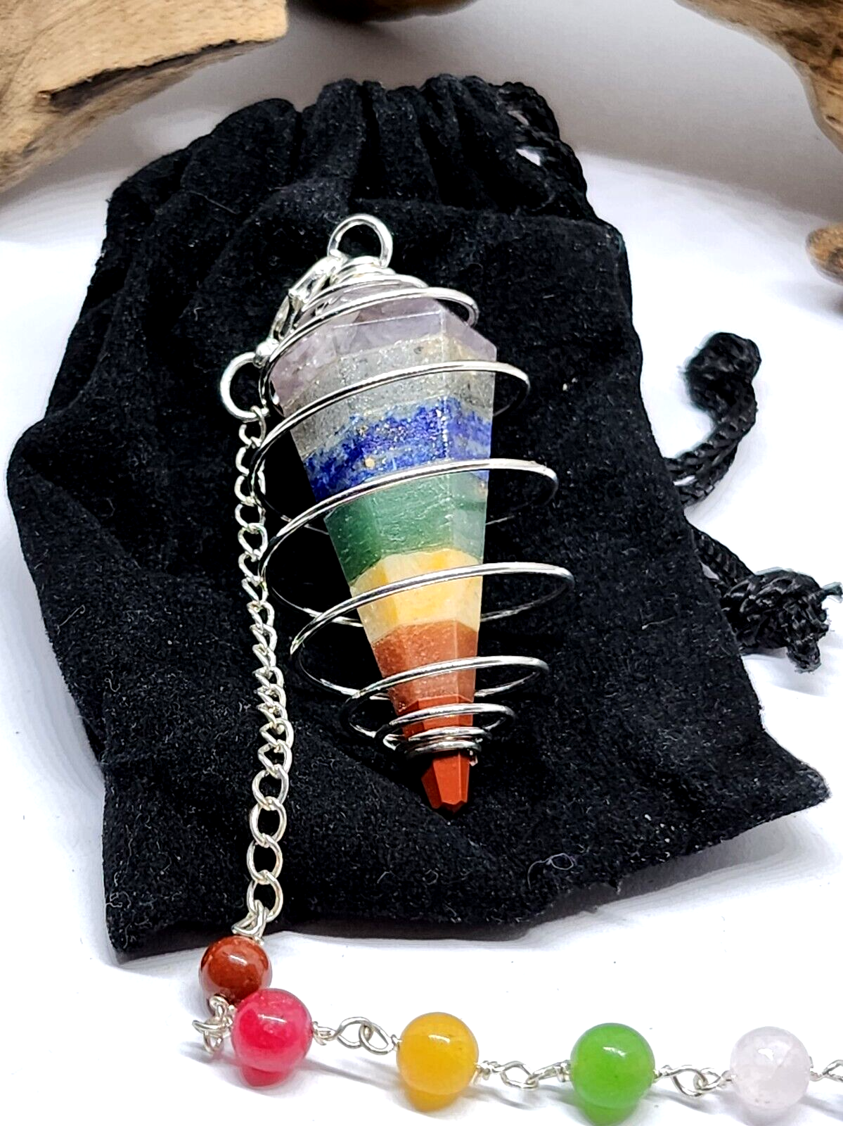Primary image for 7 Chakra Pendulum Dowser Spiral Cage Divination Bonded Point Chakra Chain & Bag