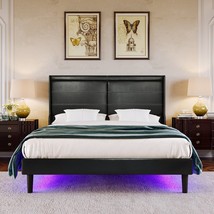 Stylish Queen Size PU Leather Upholstered Bed Frame Platform Bed with Lights - £185.96 GBP