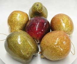 Figural Fruit Christmas Ornaments Shiny Glittery Lot of 6 Pear Apple Pomegranate - £11.10 GBP