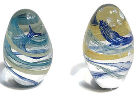 2 Art Glass Eggs Swirls of Blue in Clear Glass Paper Weight Small - £22.84 GBP