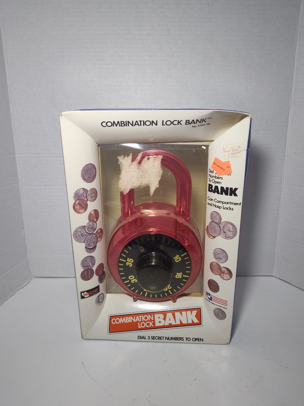 Vintage Magnif Combination Lock Bank No. 3700-M Red Old Stock Toy Coin B... - $24.74