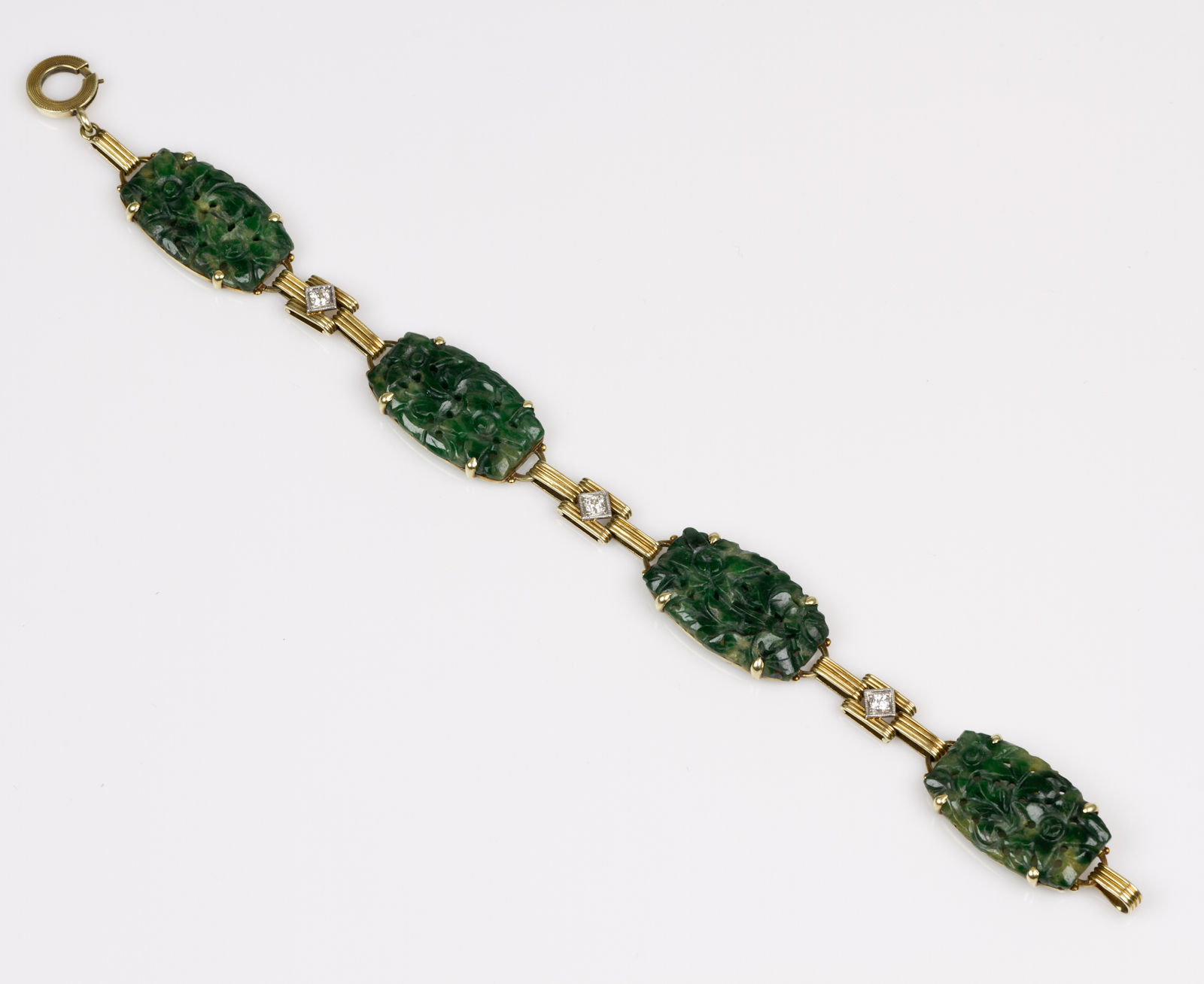 Vintage Art Deco 14K Gold Carved Jade &amp; Diamond Bracelet Great Design EB... - $2,387.19