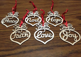 Christmas Ornaments Wood Laser Cut Ribbon Peace Hope Faith Love Joy Noel Set 6 - £14.63 GBP