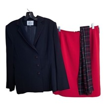 Le Suit Petite Womens Lined Suit 12 Black Red  Zipper Skirt Jacket Plaid Scarf  - £50.98 GBP