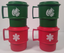 VTG Tupperware Mugs Cups Set of 4 Matching Lids Christmas Turtle Dove Snowflake - £14.95 GBP