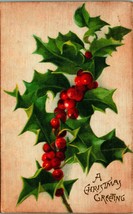 Holly Branch Bough Berries Silked Christmas Greeting 1912 Winsch Back  Postcard - £6.26 GBP