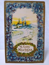 Happy New Year Postcard Blue Flowers Church Scenic Series 2129 Vintage Germany - £6.39 GBP