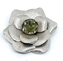Rose Brooch Pin Pendant Green Rhinestone Silver Tone Metallic Vintage EUC - $11.88