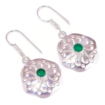 Green Onyx Round Gemstone 925 Silver Overlay Handmade Drop Dangle Flower Earring - £7.17 GBP