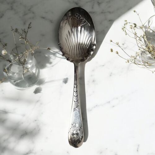 Antique Vintage Silverplate Bright Cut Serving Spoon Fluted Bowl Rockfor... - $23.17