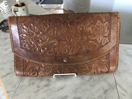 Vintage Hand Tooled Floral Hand Leather Purse 13W x 7 1/4 - £62.90 GBP
