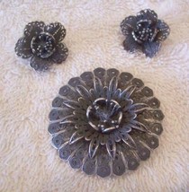 Lot: Vintage 1950s Bali Indonesia 900 Silver Earrings + Pin, Filigree Jewelry - £46.45 GBP