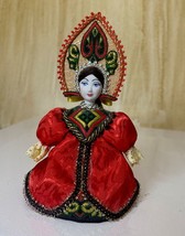 Russian Vtg Traditional Fabric RED GOLD Dress Doll Porcelain Head Orname... - $16.65