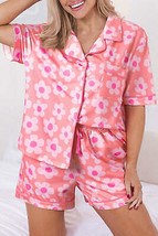 Pink Flower Print Short Sleeve Shirt Pajamas Set - £37.83 GBP