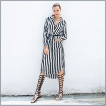 Black and White Striped Long Sleeve Button Up Maxi Beach Shirt With Belt