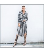 Black and White Striped Long Sleeve Button Up Maxi Beach Shirt With Belt - £42.45 GBP