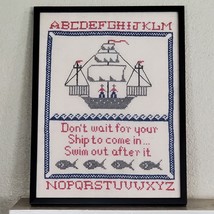 Vintage Handmade Cross Stitch Ship Sampler 1978 Framed ART 13x17&quot; Hope AR - $73.87