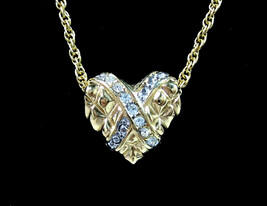 Diagonal RHINESTONE HEART Pendant Necklace Vintage Goldtone Love Valentine 18&quot; - £10.35 GBP