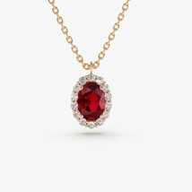 0.78 CT Oval Cut Simulated Ruby Solitaire Halo Necklace 14K Rose Gold Plated - £66.90 GBP