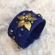 Navy Blue Brass Flower Pearl Beaded Cuff Bracelet - £11.89 GBP