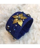Navy Blue Brass Flower Pearl Beaded Cuff Bracelet - £11.84 GBP