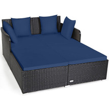 Spacious Outdoor Rattan Daybed with Upholstered Cushions and Pillows-Nav... - £228.04 GBP