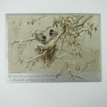 Victorian Greeting Card Birds in Tree Religious Silver Border Antique 1884 - £7.98 GBP