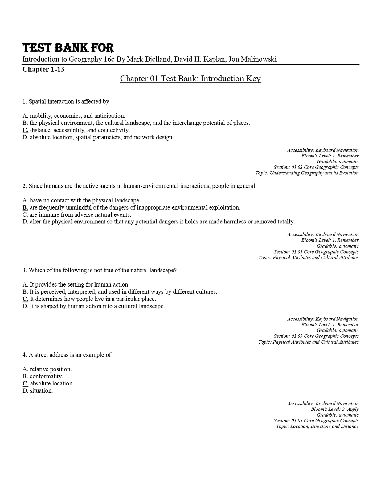 Test Bank For Introduction to Geography 16th Edition By Mark Bjelland, D... - $17.99