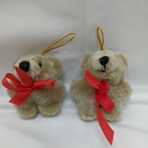 Lot Of (2) Cute Fuzzy Brown 2.5&quot; Teddy Bear With Red Christmas Bow Ornaments - £14.00 GBP