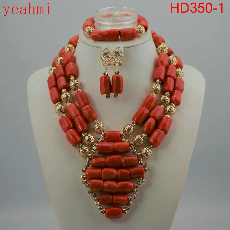 Coral Beads Statement Necklace Set Chunky Bib Beads African Jewelry Fashion Real - $138.00