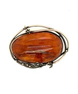 Antique Sterling Silver Floral Accent Large Oval Amber Stone Cabochon Br... - $1,780.22 MXN