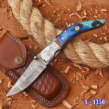 Hand Forged Damascus Folding Blade Hunting Skinner Pocket Knife Case Tac... - $31.67