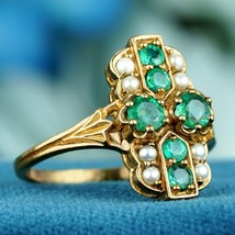 Natural Emerald and Pearl Vintage Style Ring in Solid 9K Gold - £439.09 GBP