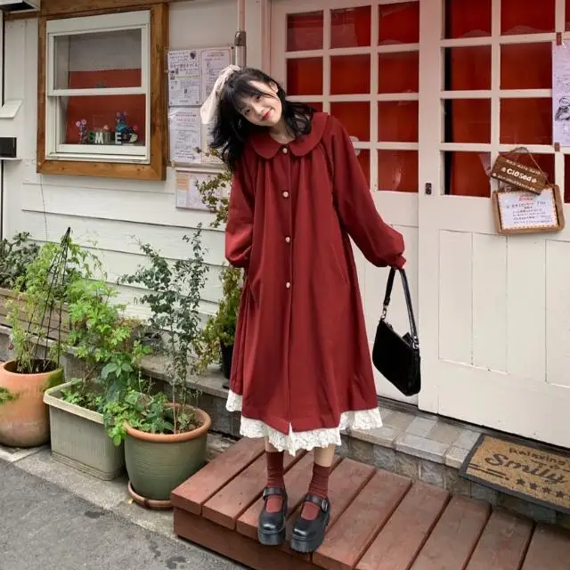 Autumn And Winter New Doll Collar  Stitching Coat Coat &#39;s Wine Red mid-length La - £116.79 GBP