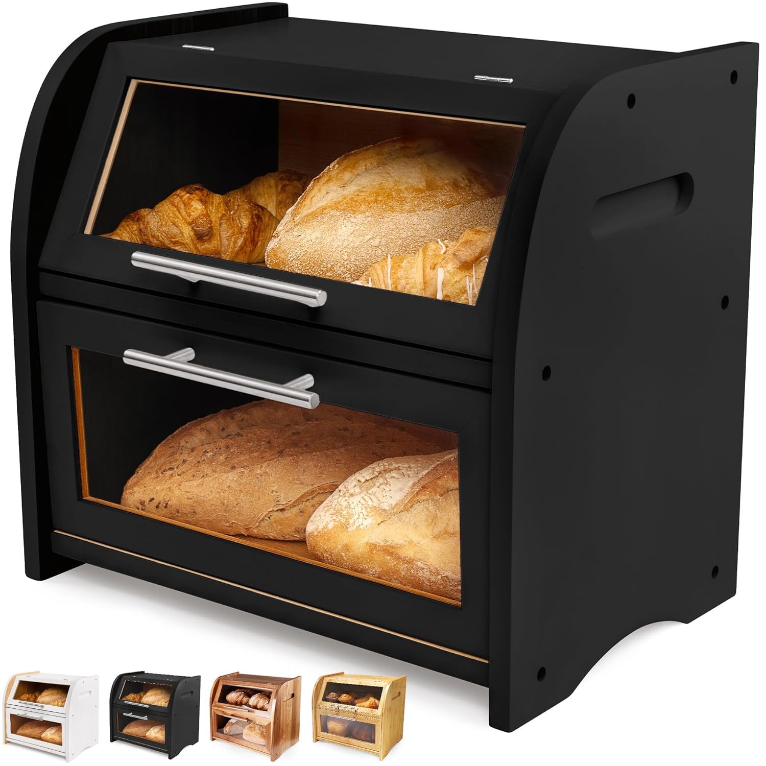 Arise Stylish Bamboo Bread Box For Kitchen Countertop, Extra Large 2-Shelf Woode