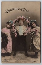 RPPC Sweet Children In Costume With Flowers Tinted Studio Photo Postcard Y25 - £4.74 GBP