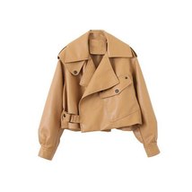 HWL Streetwear Long Sleeved Lapel Loose Women&#39;s Leather Jacket Single Button Pu  - £55.96 GBP