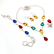 Multi Stone Pear Shape Handmade Christmas Gift Necklace Set Jewelry 18" SA 629 - $10.99