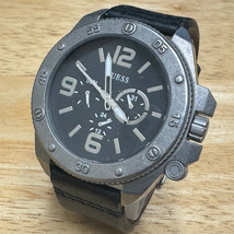 Guess Quartz Watch Men Silver Black Fixed Bezel Day Date Leather New Battery - £25.40 GBP