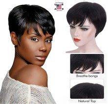 Black Short Pixie Cut Straight Human Daily Hair Wigs Natural Full Wig Cosplay Us - £18.95 GBP