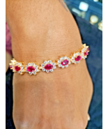 15Ct Ovalschliff Labor Erstellt Rubin &amp; Diamant Tennis Armband 14k Gelb - $2,461.78 MXN