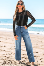 Stone Blue Star Patchwork Cropped Wide Leg High Waist Jeans - $35.76