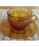 1960&#39;s Vintage Glass Mug Cup and Saucer Set Tiara Indiana Amber Sandwich - $13.00